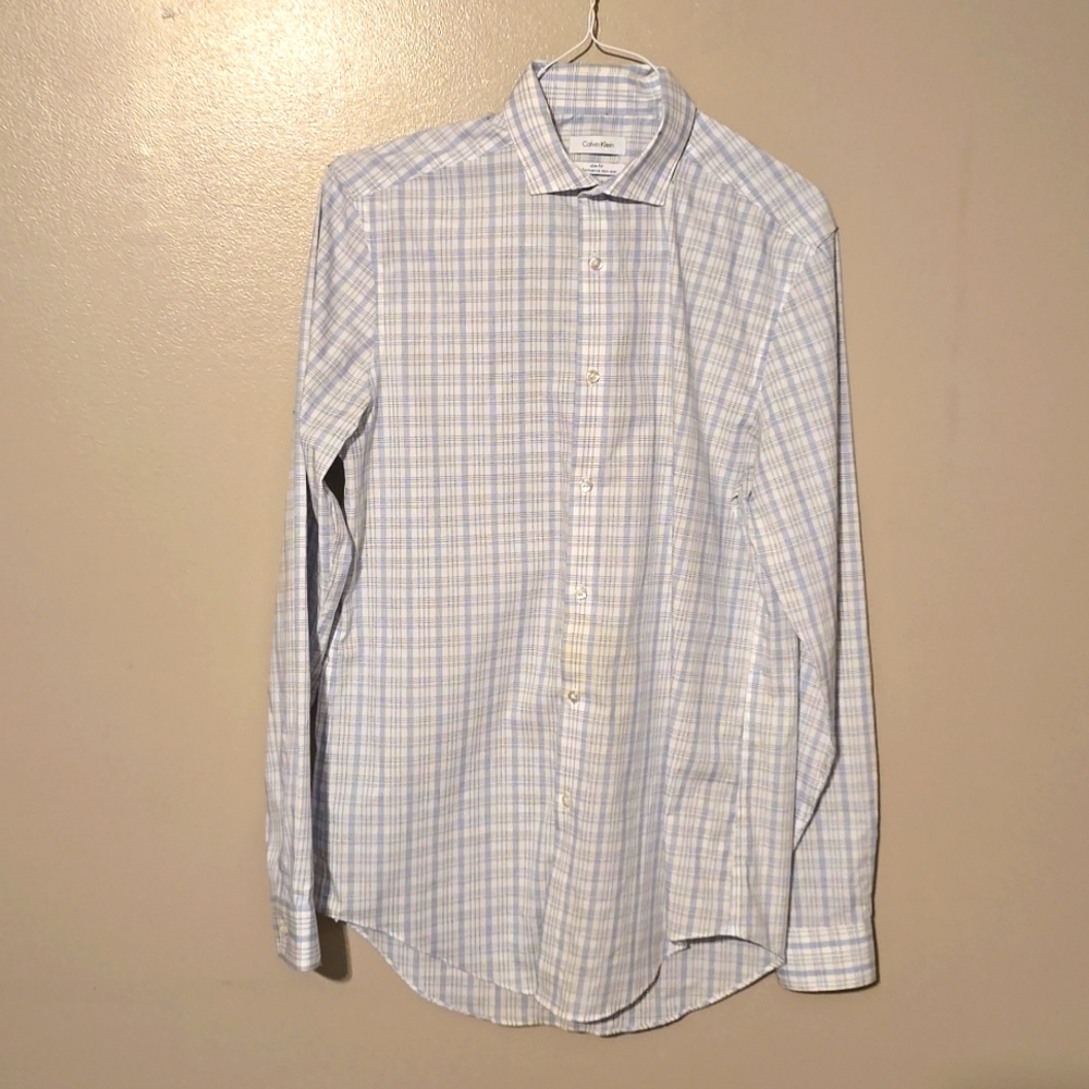 Calvin Klein Slim Fit Button Down Longsleeve Plaid Shirt White/Blue Mens Size 15